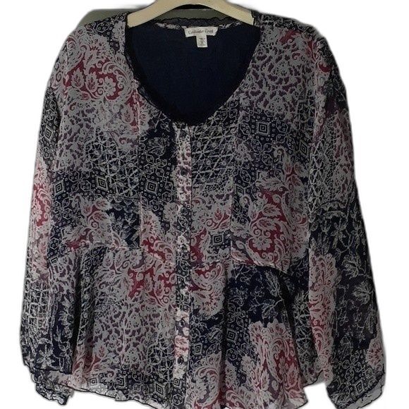 Coldwater Creek Tops - coldwater creek top Cottagecore blue ruffled top navy blue floral blouse xl 1x p